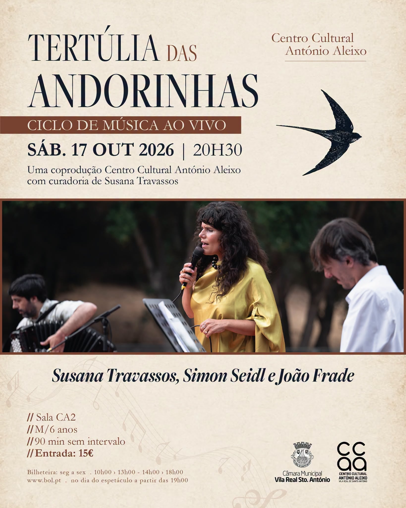 Tertúlia das Andorinhas: Susana Travassos, Simon Seidl and João Frade in concert, Vila Real de Santo António