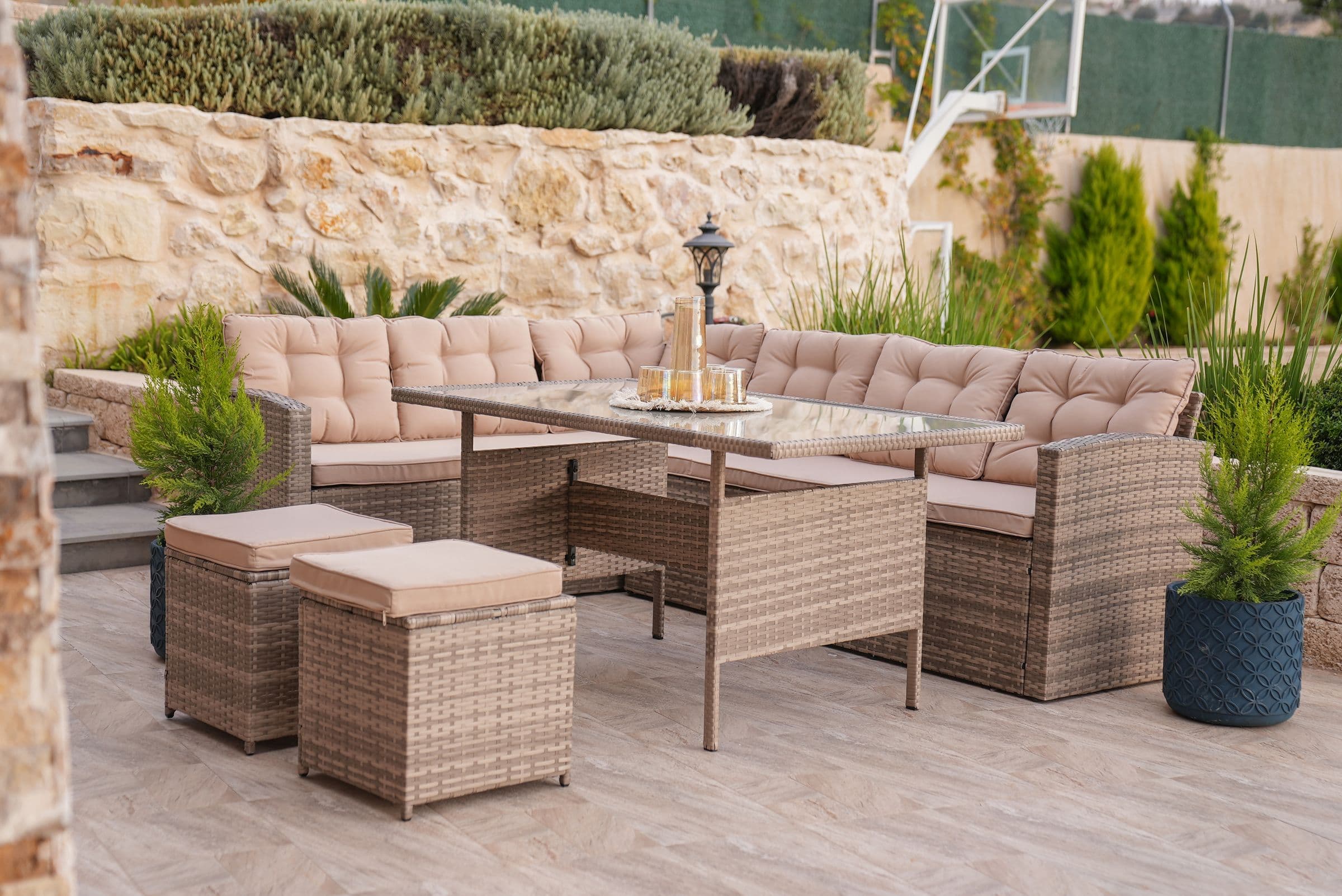 Garden furniture on a sunny patio