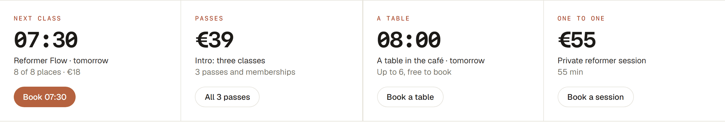 A booking desk on a listing: the next class at 07:30, passes from EUR 39, a table at 08:00 and a private session at EUR 55, each with its own button.