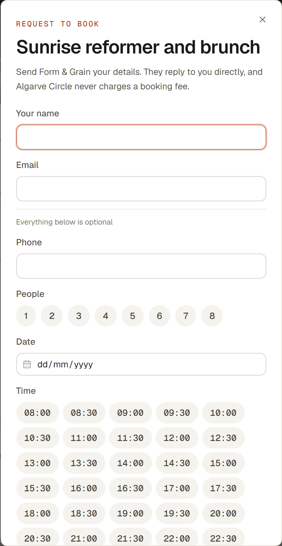 The request to book form, showing name, email, party size, date and a grid of available times.