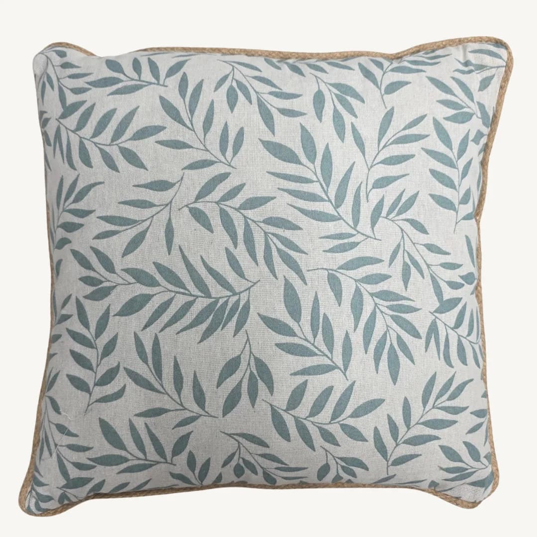 Naya cushion with zip, sage, printed poly-cotton and jute, 45 x 45 cm