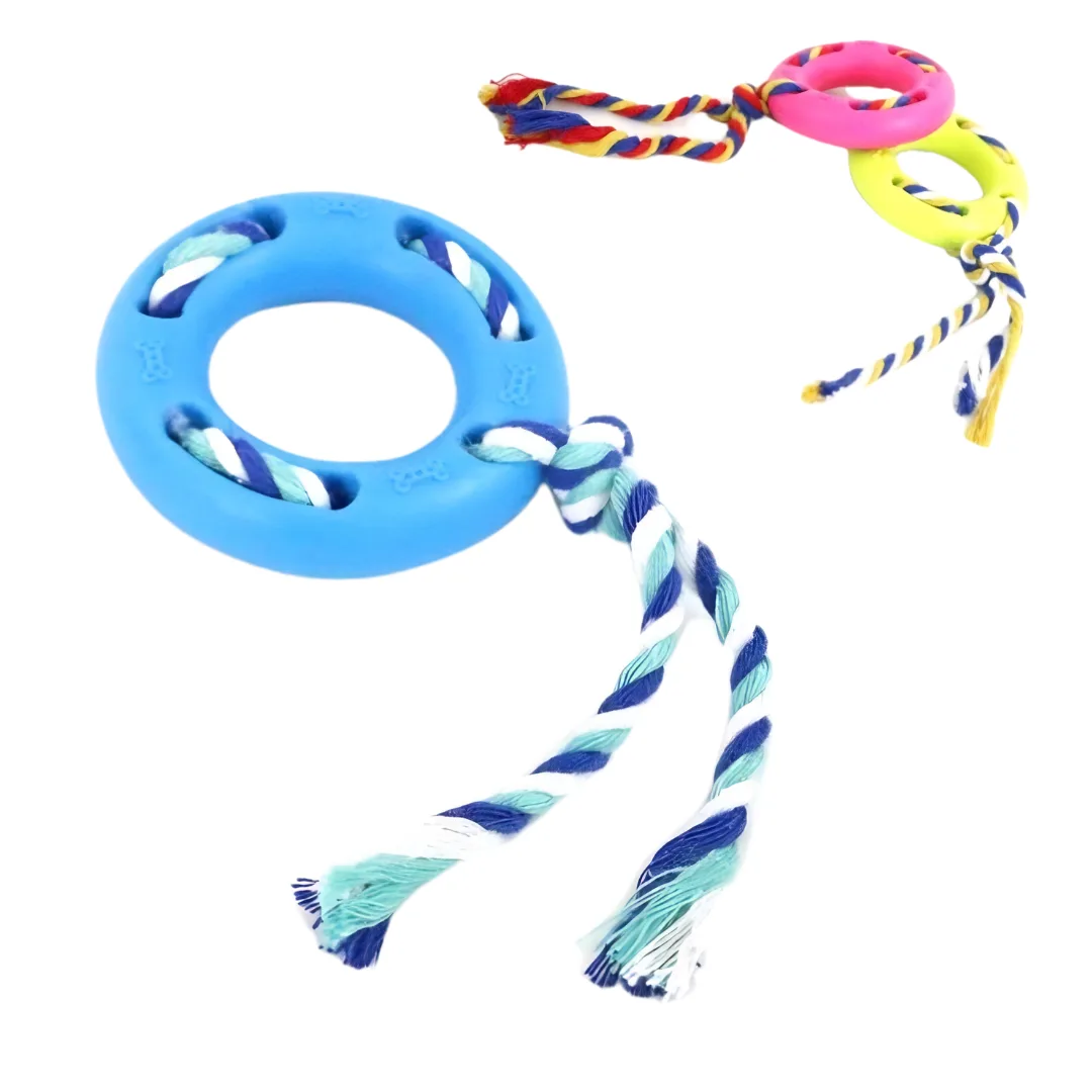 Dog toy, rubber ring with rope, 9.5 cm