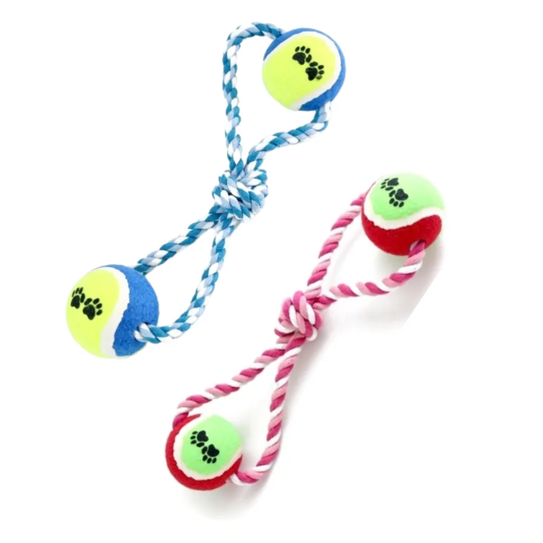 Pet toy, double tennis ball on a knotted rope, 38 cm