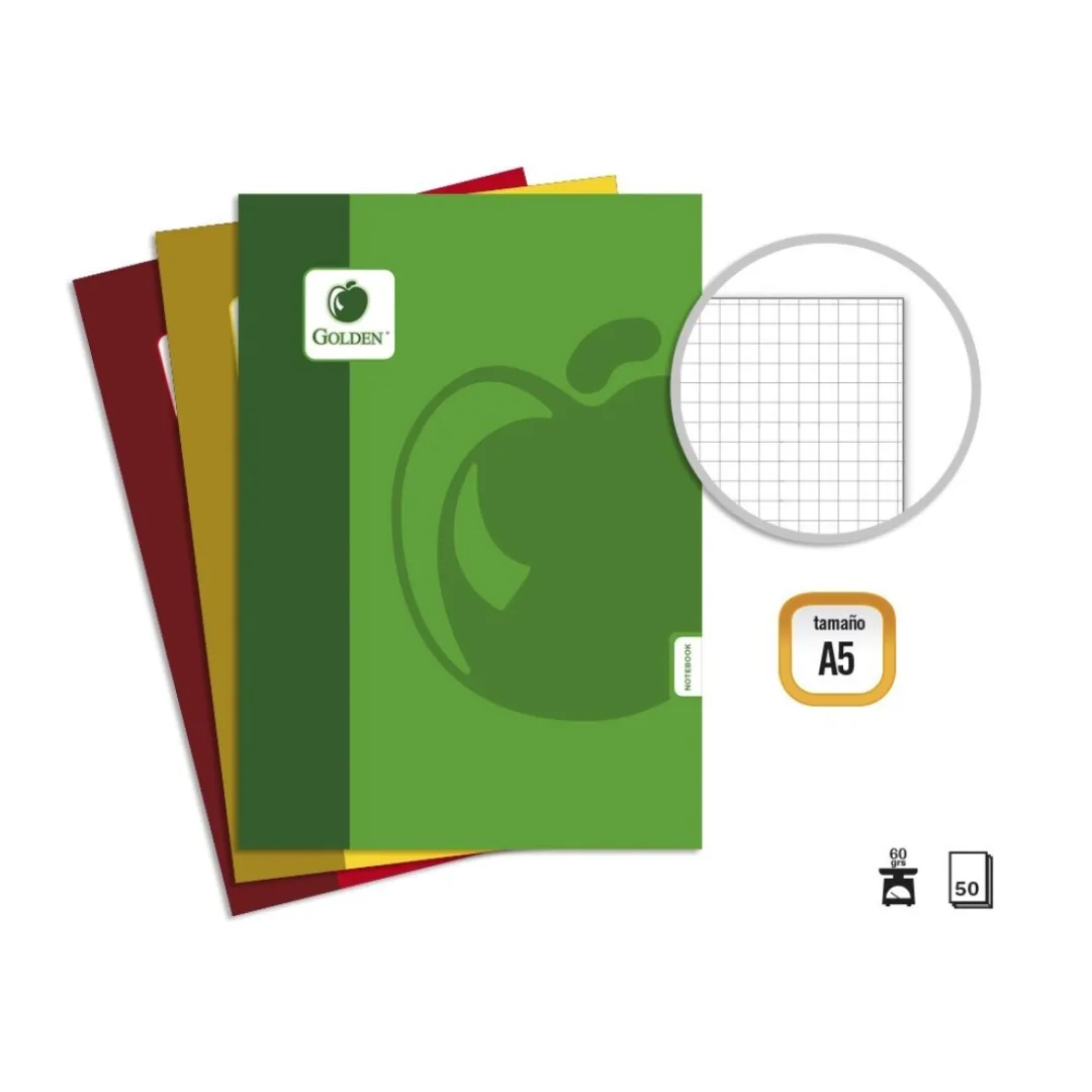 Basic Golden A5 stapled notebook, squared, 50 sheets