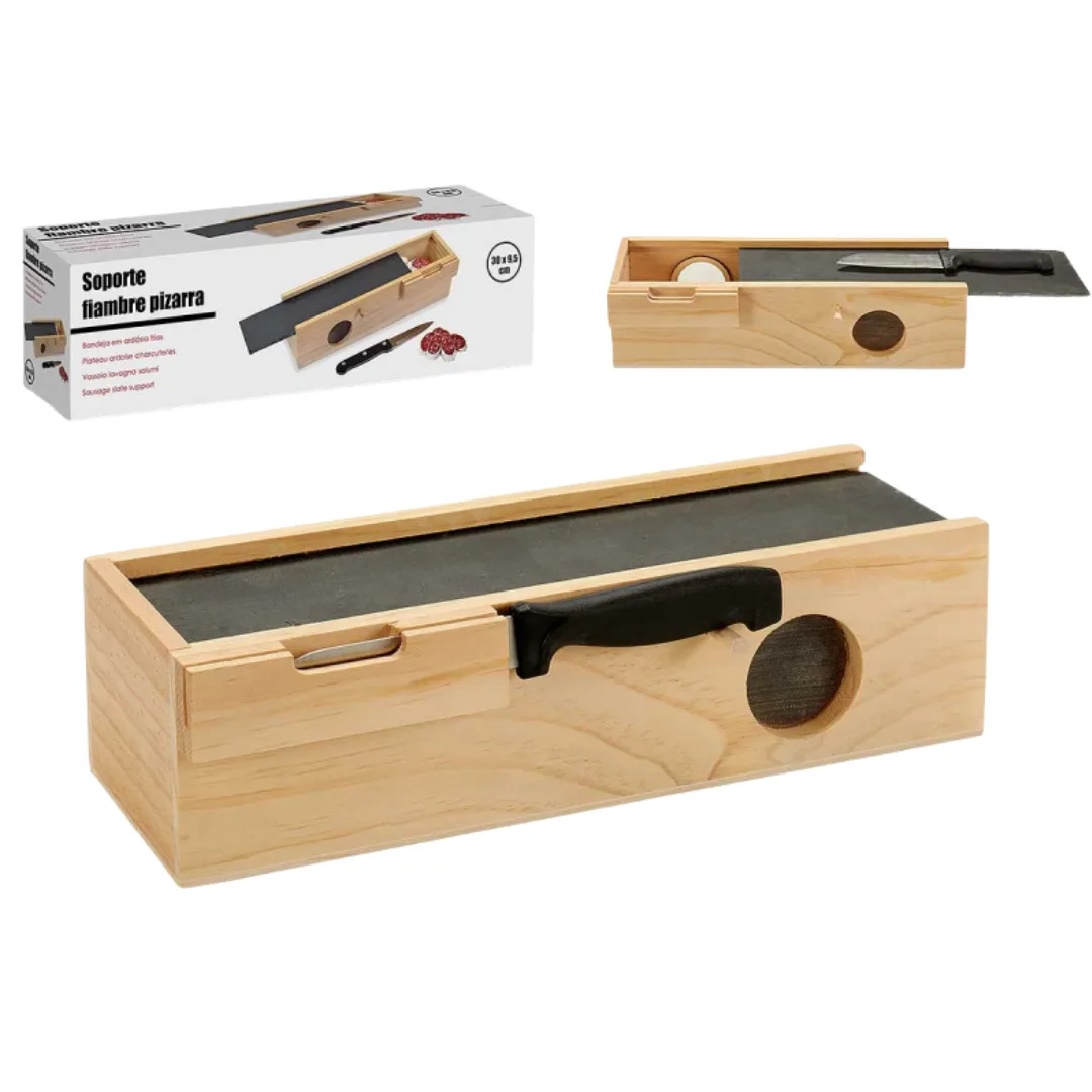 Wooden box with slate dishes and knife