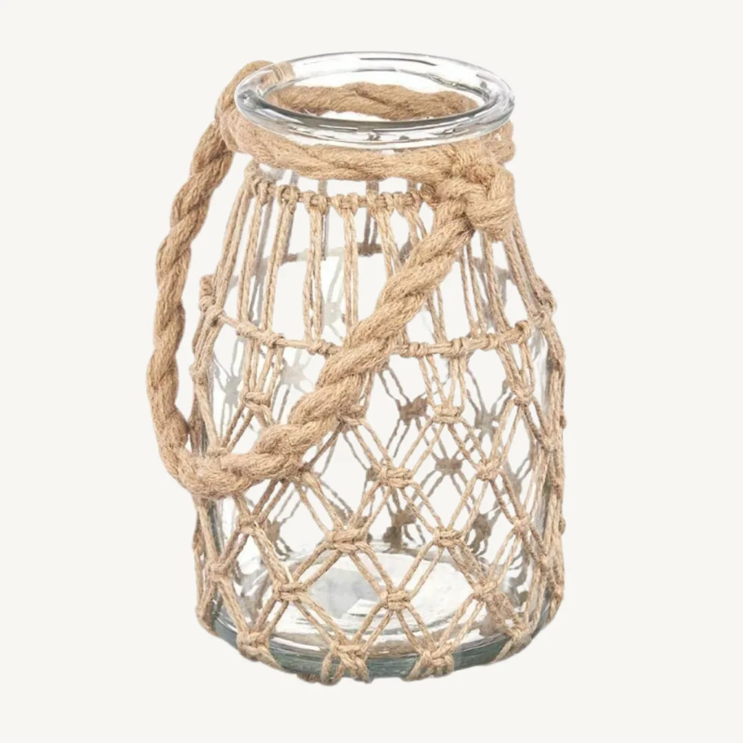 Small glass candlestick with natural rope
