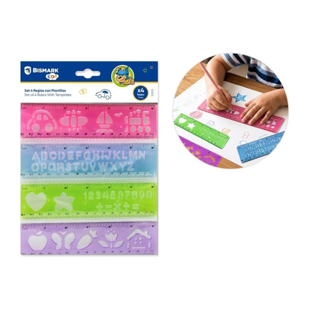 Set of 4 rulers with drawing and letter stencils