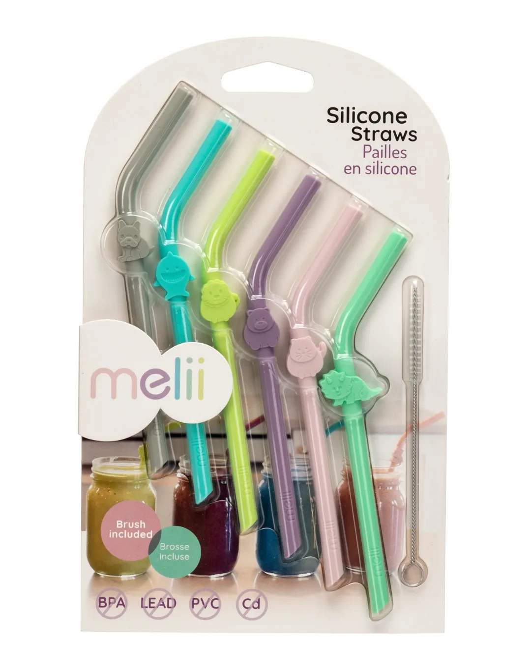 Set of 6 silicone straws, animals, with cleaning brush