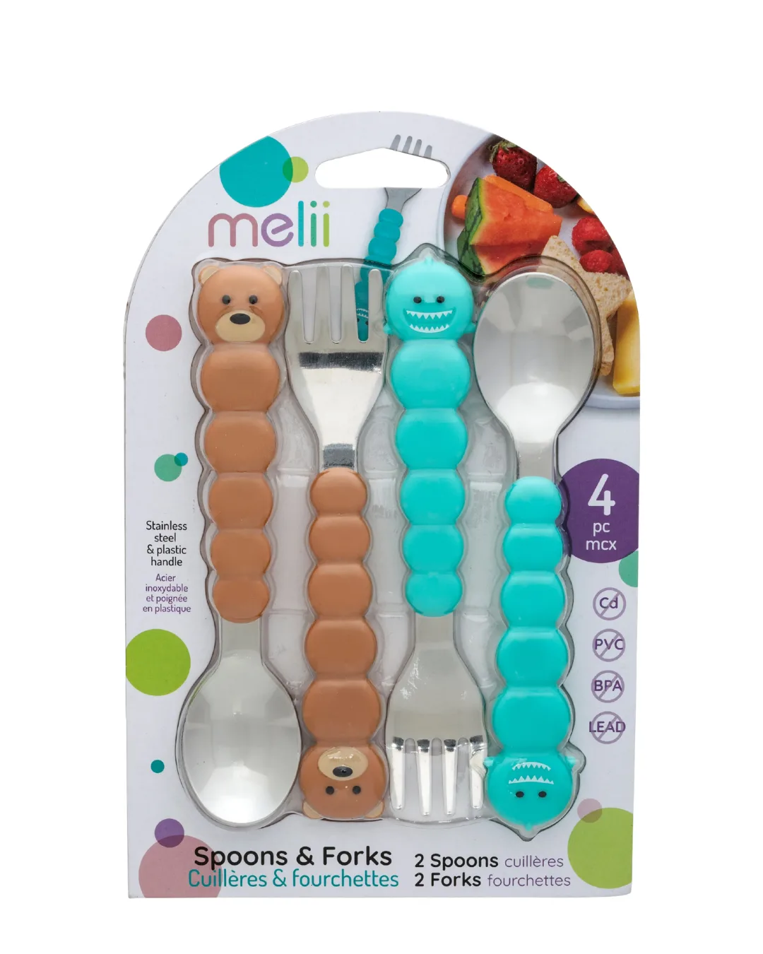 Spoon and fork set, bear and shark, 4 pieces