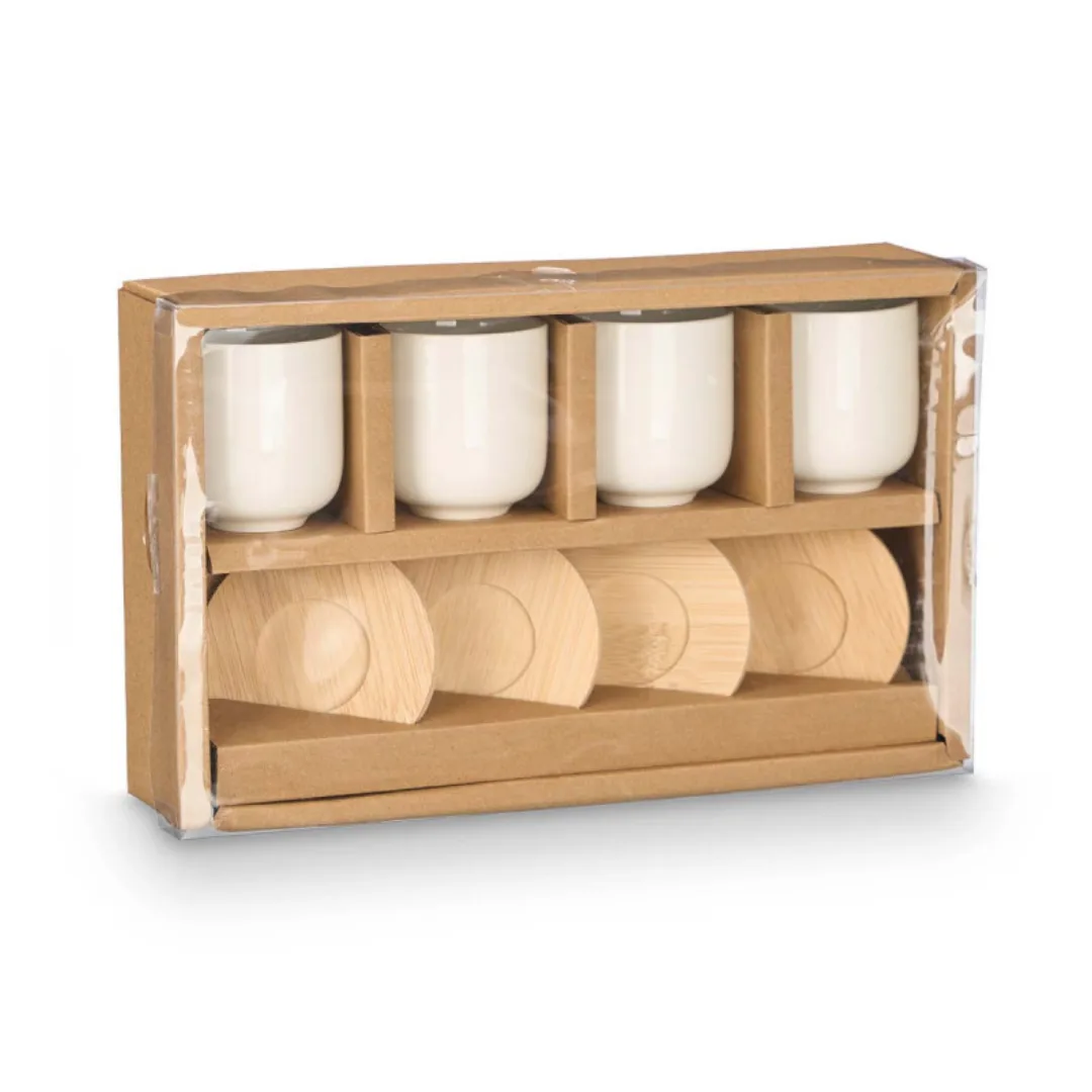 Set of 4 white ceramic coffee cups with bamboo saucers