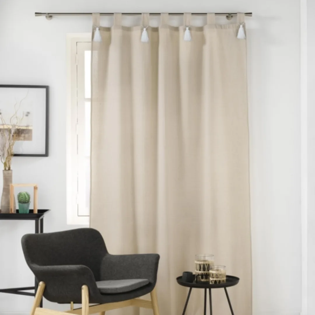 Cyrine tab-top curtain with white pompoms, beige, plain poly-cotton, 140 x 240 cm