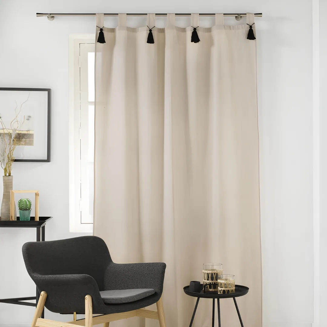 Cyrine tab-top curtain with black pompoms, beige, plain poly-cotton, 140 x 240 cm