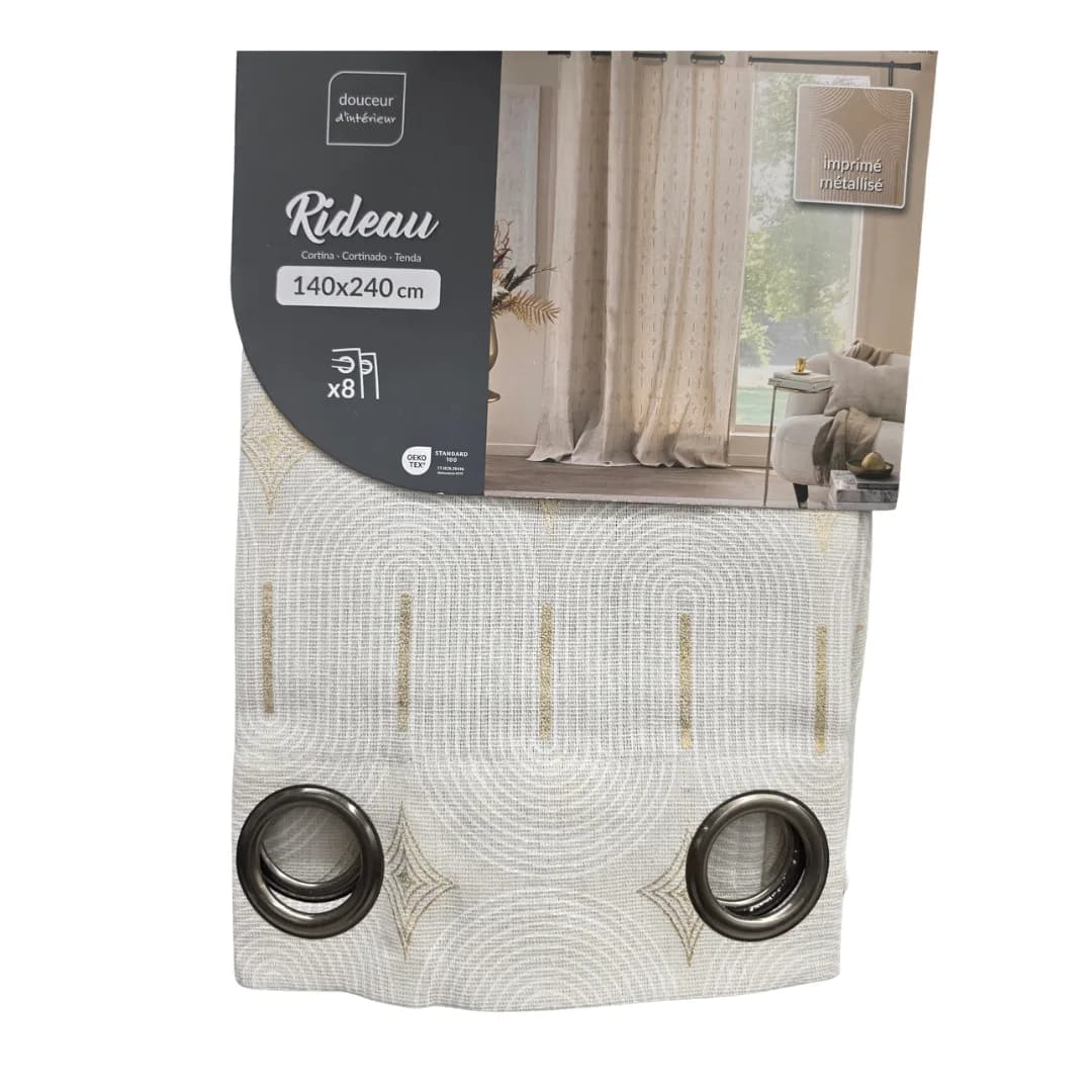 Ondine eyelet curtain, beige and gold metallic print, poly-cotton, 140 x 240 cm