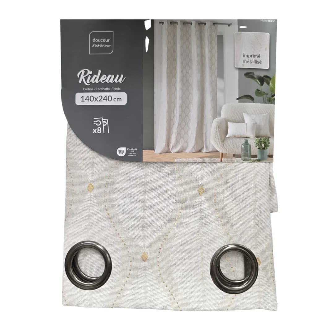 Maho eyelet curtain, white with metallic leaf print, poly-cotton, 140 x 240 cm
