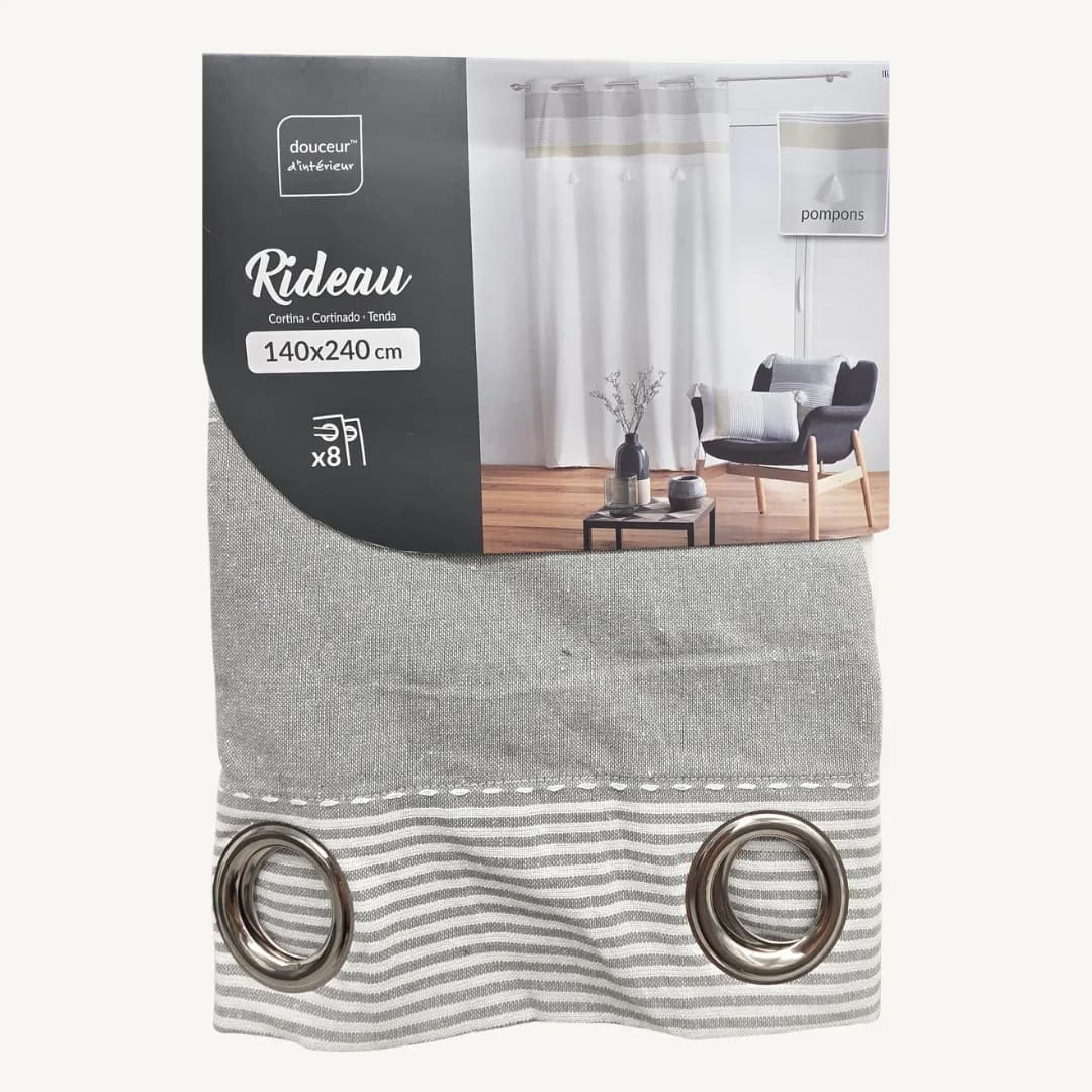 Iliade eyelet curtain with pompoms, white, cotton and polyester, 140 x 240 cm