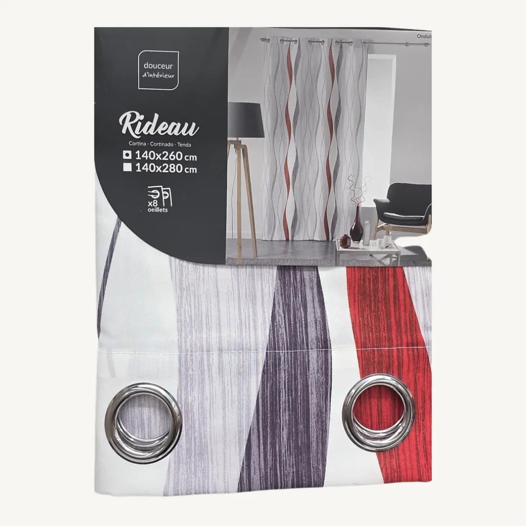 Ondulys eyelet curtain, red printed polyester, 140 x 260 cm