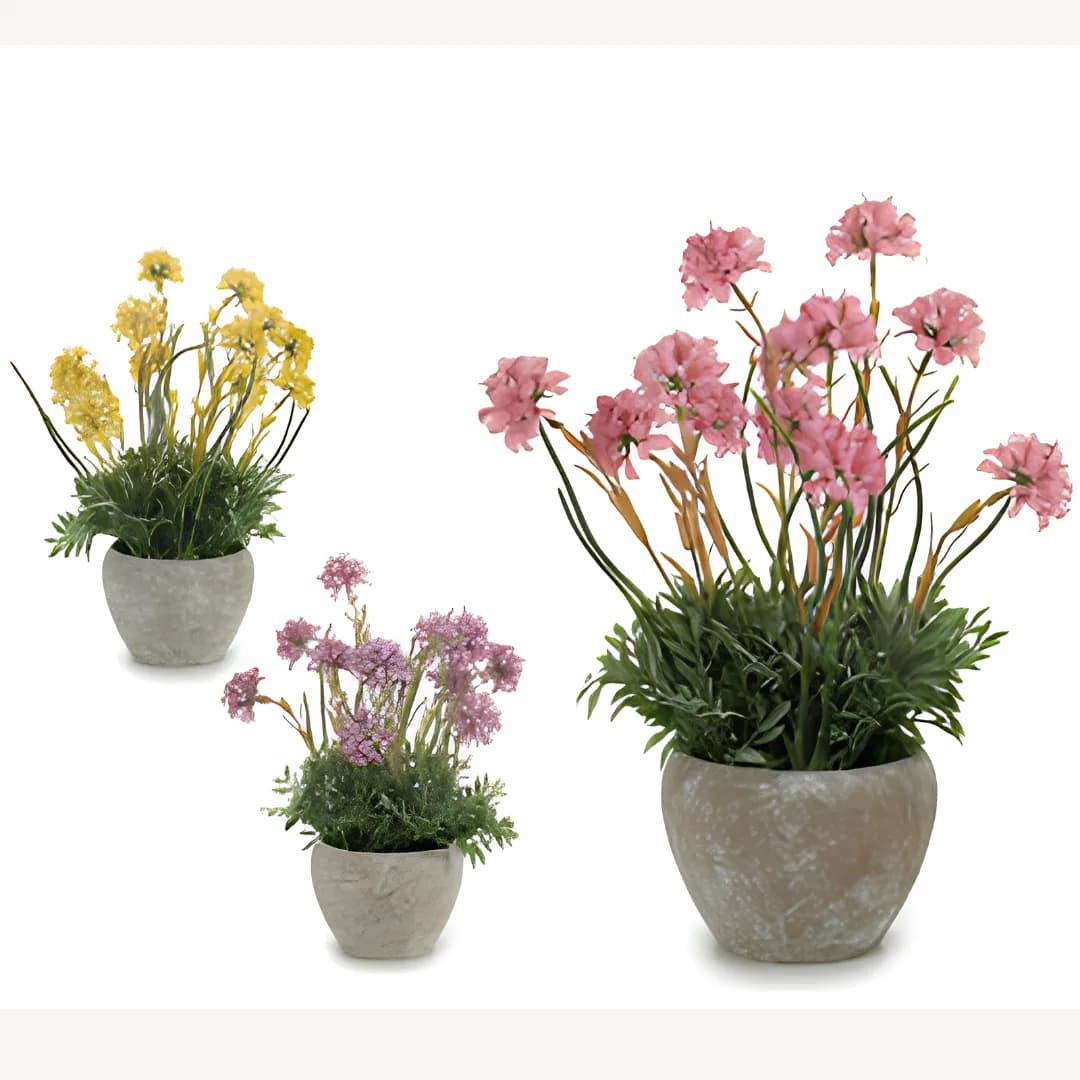 Artificial flower stems in cement pot, assorted