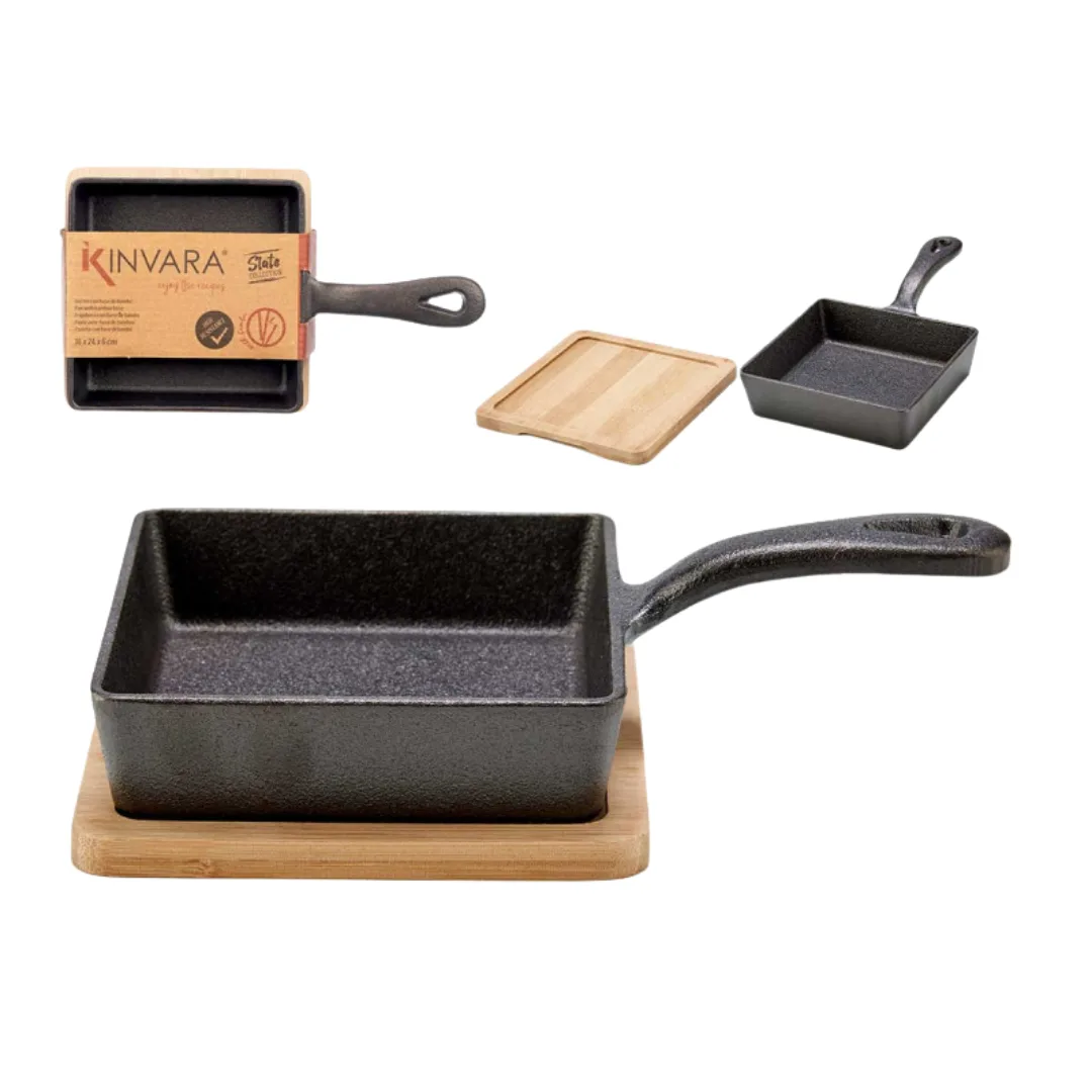 Small square iron frying pan with bamboo tray