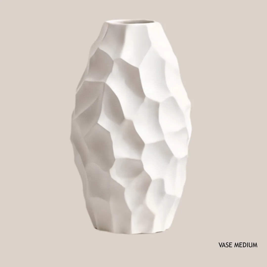 White sculpted sand-finish ceramic vase, 19 x 19 x 25.5 cm