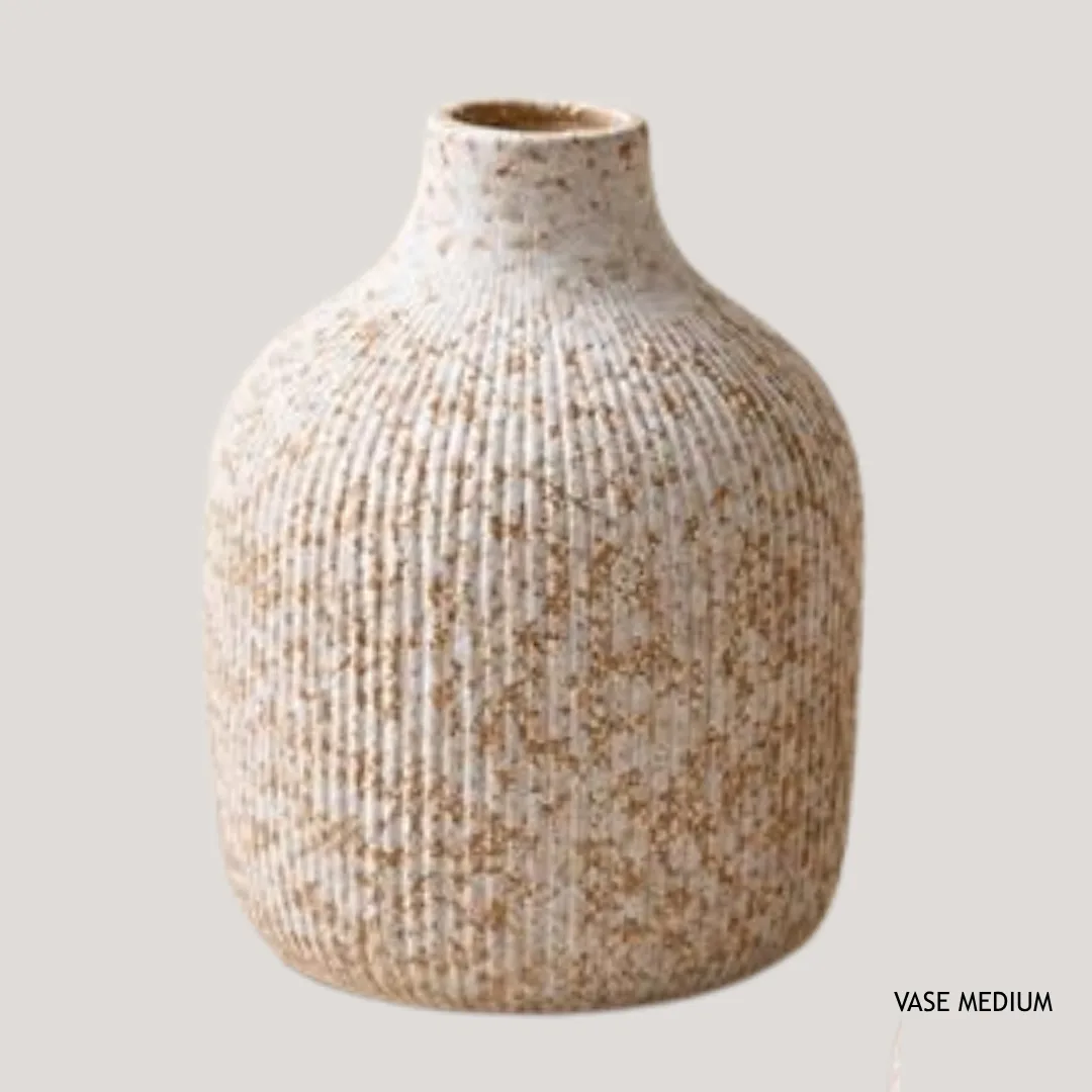 Ribbed ceramic vase, tapered, white and speckled brown, 13.7 x 9 x 9 cm