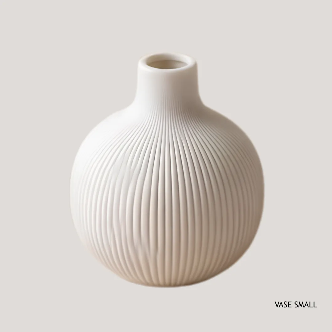 Ribbed ceramic vase, onion shape, white, 9.5 x 9 x 9 cm