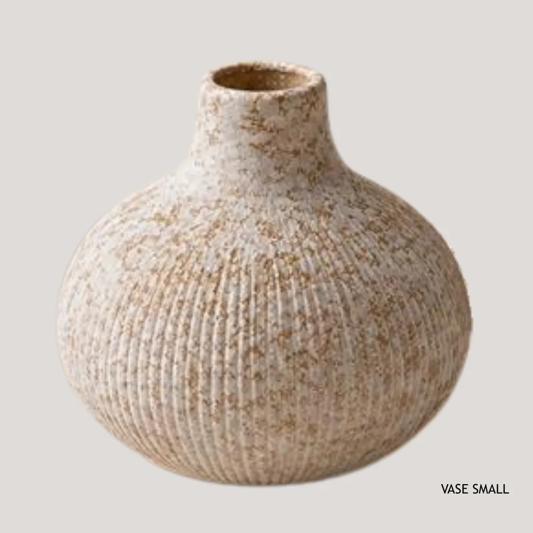 Ribbed ceramic vase, onion shape, white and speckled brown, 9.5 x 9 x 9 cm