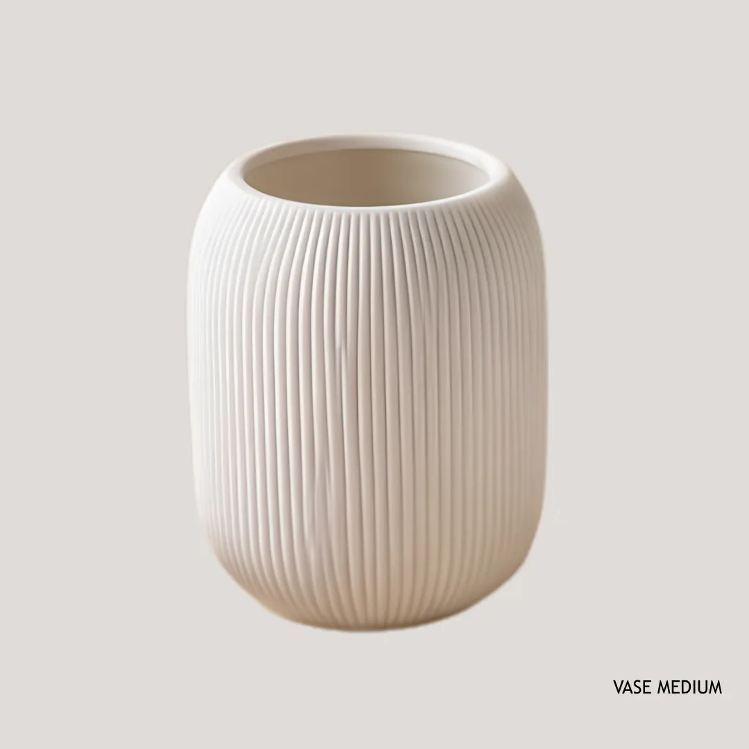 Ribbed ceramic vase, cup shape, white, 11.2 x 9 x 9 cm