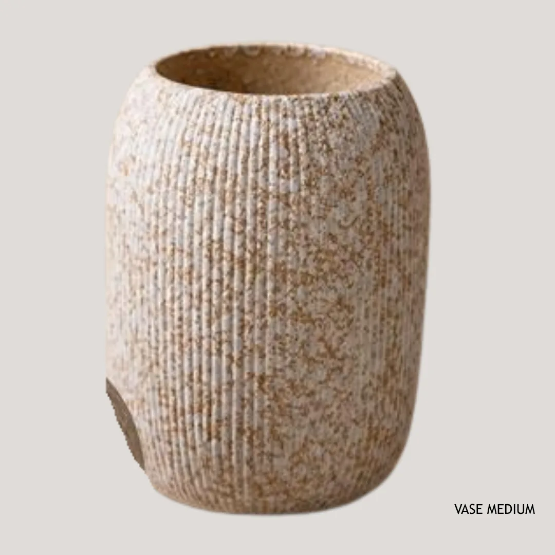 Ribbed ceramic vase, cup shape, white and speckled brown, 11.2 x 9 x 9 cm