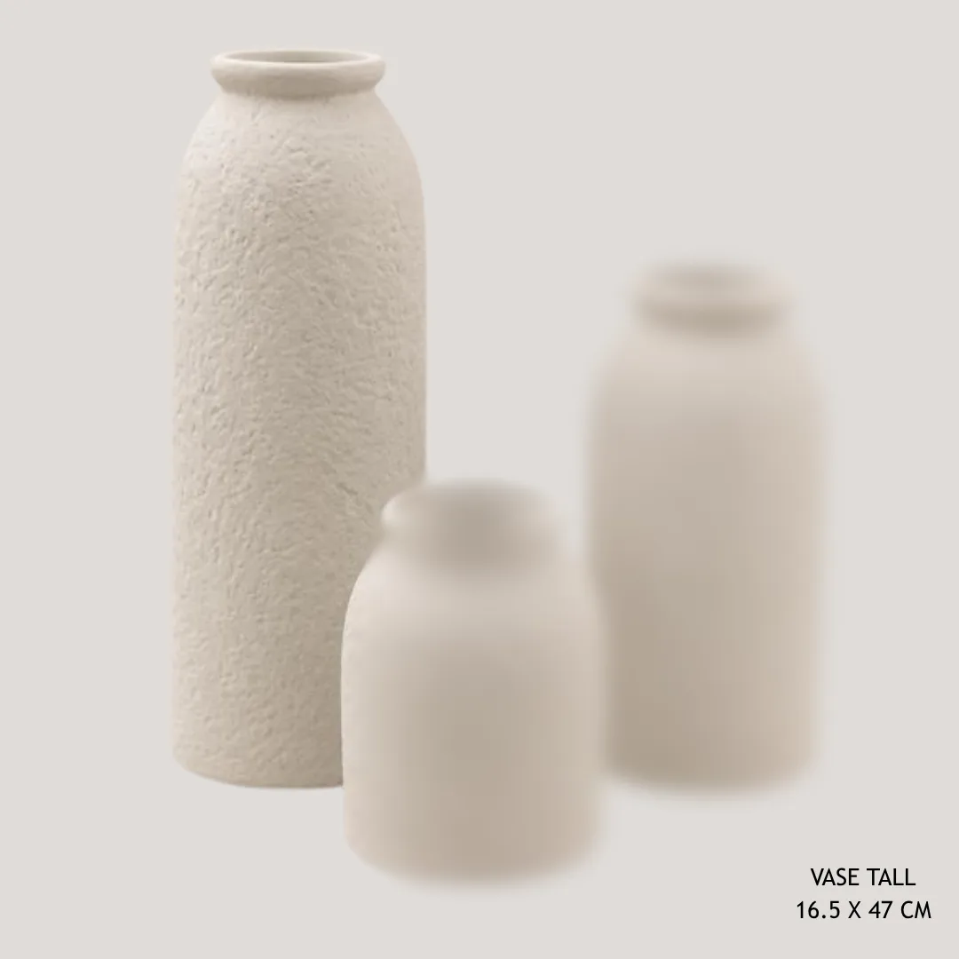 Beige textured cylindrical ceramic vase, 10 x 10 x 26 cm