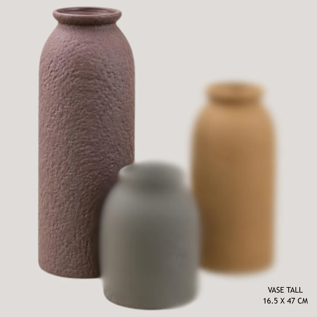 Brown textured cylindrical ceramic vase, 10 x 10 x 26 cm