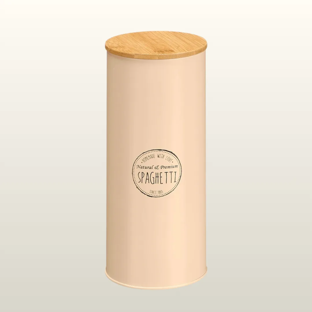 Tall tin with bamboo lid, spaghetti