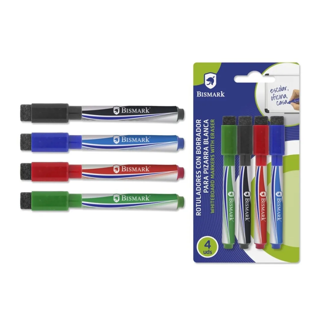 Whiteboard markers with eraser, 4 colours