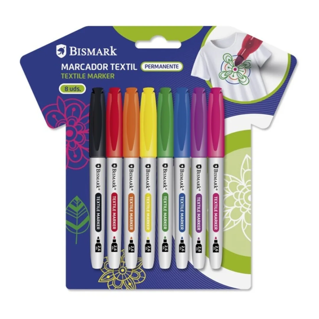 Permanent fabric markers, 8 bright colours