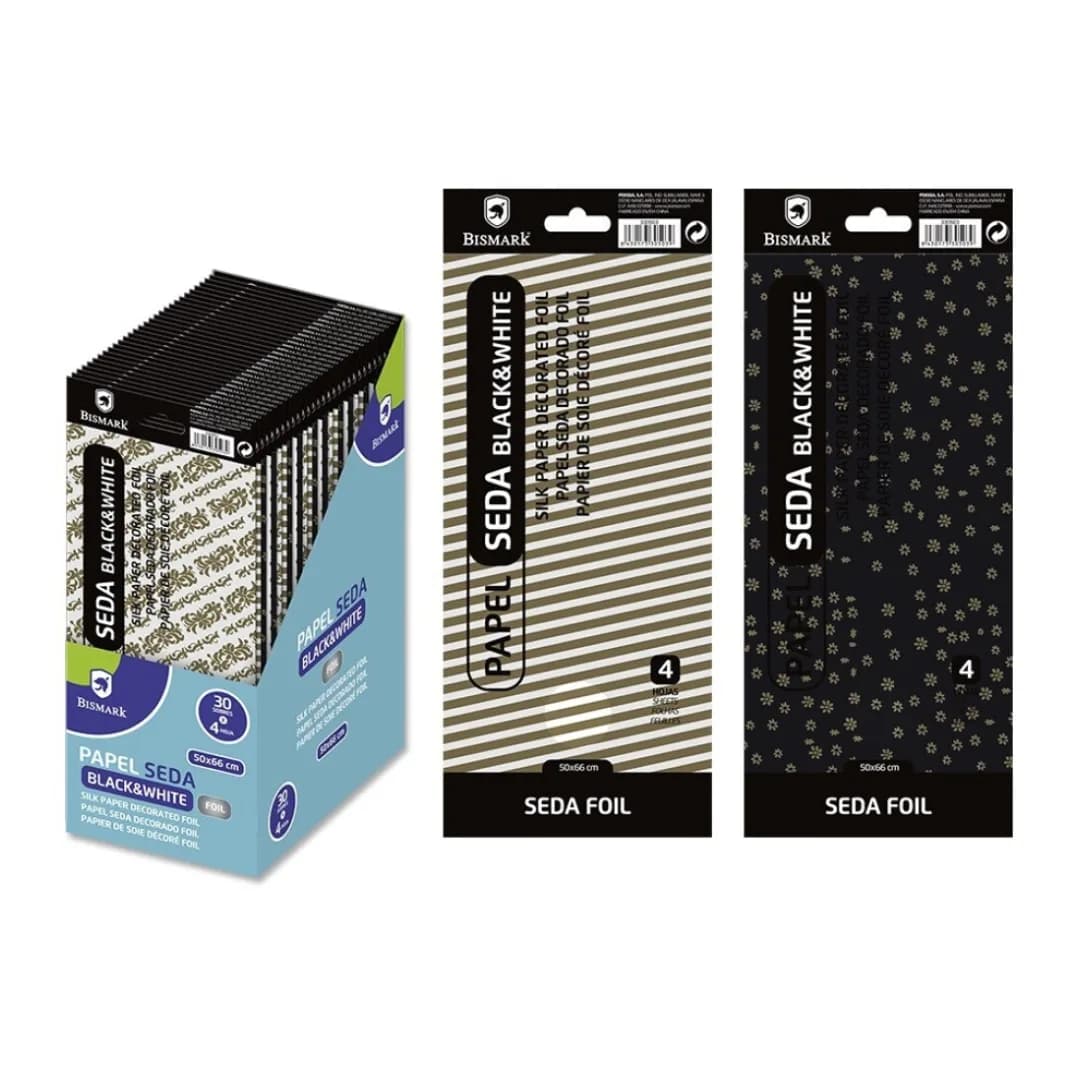White and black tissue paper with metallic sheet, 4 sheets