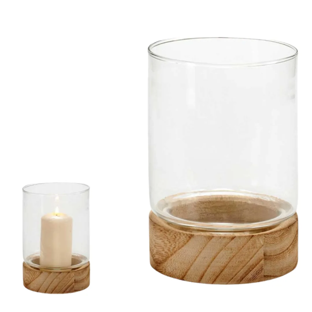 Glass candle holder with wooden base, round, medium