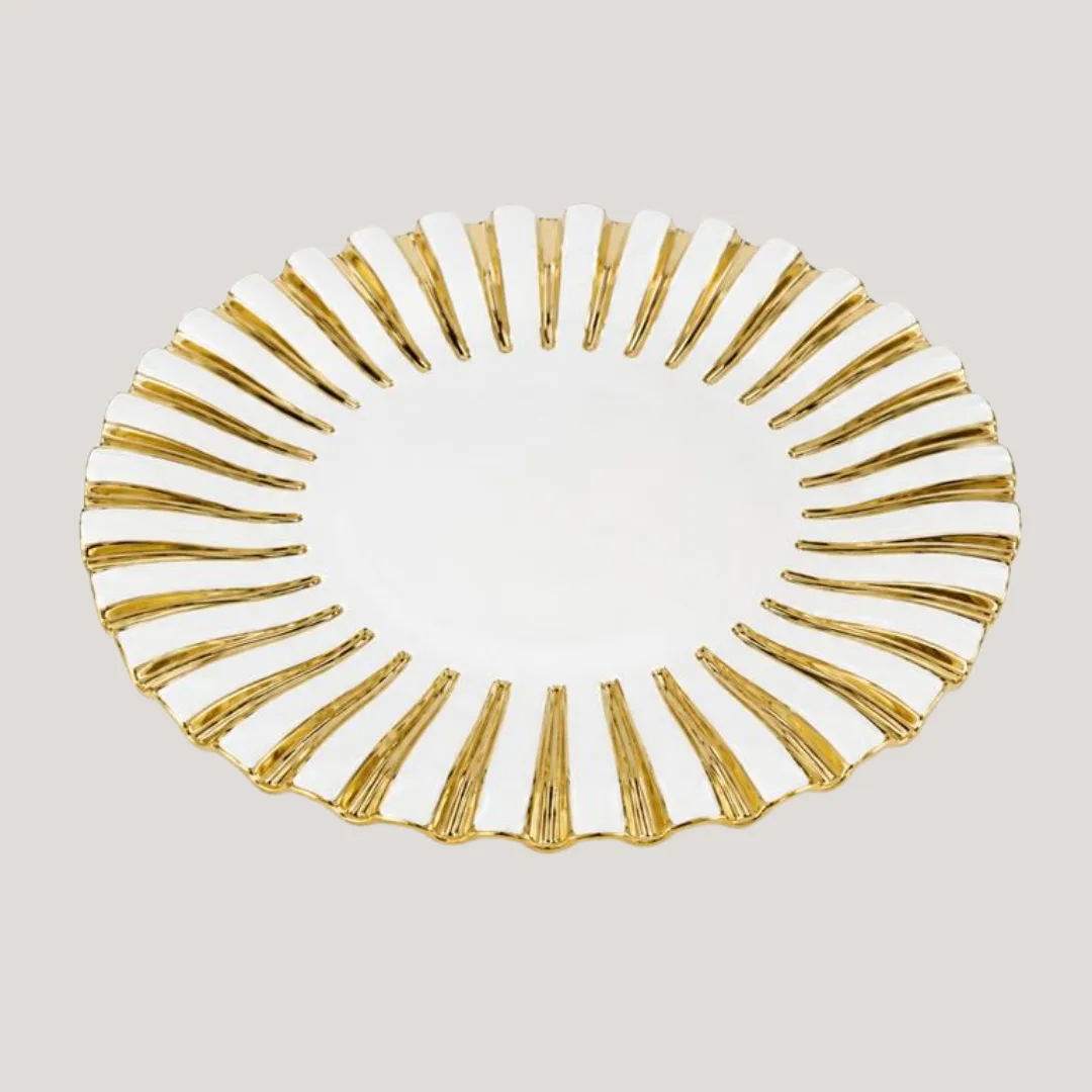 White ceramic plate with gold stripes