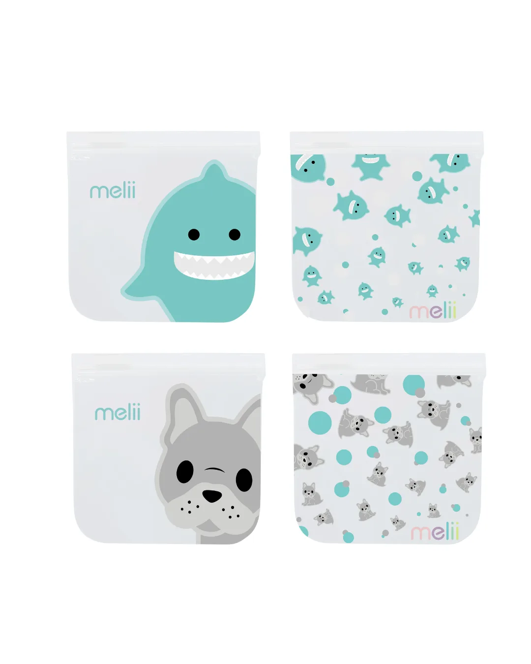 Reusable EVA bags, pack of 4, bulldog and shark