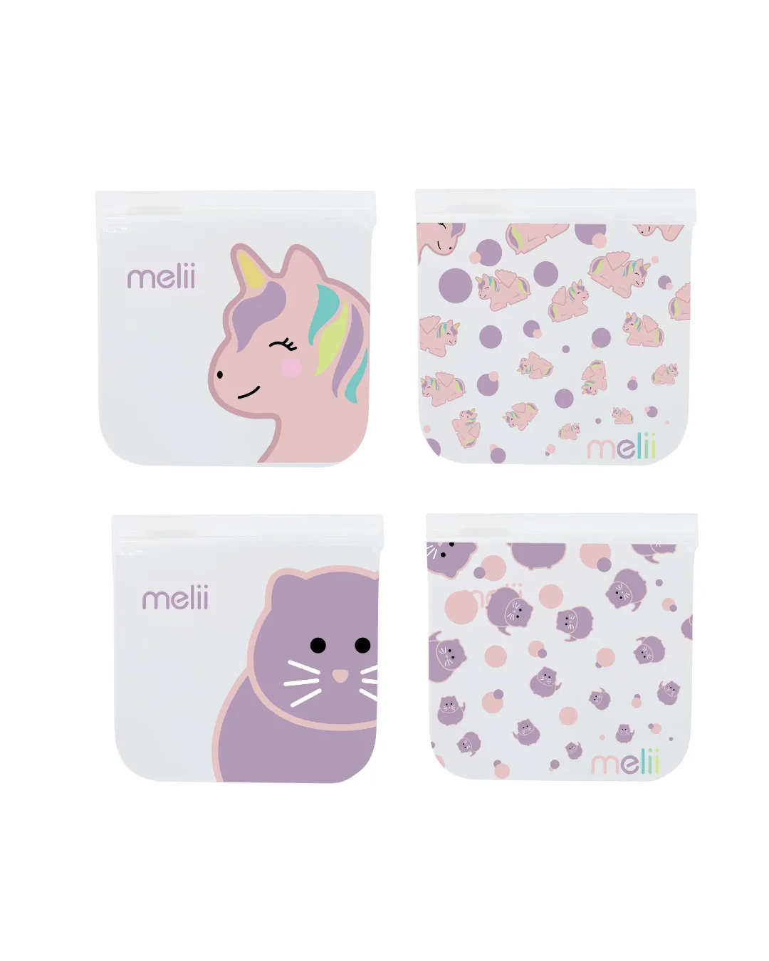Reusable EVA bags, pack of 4, cat and unicorn