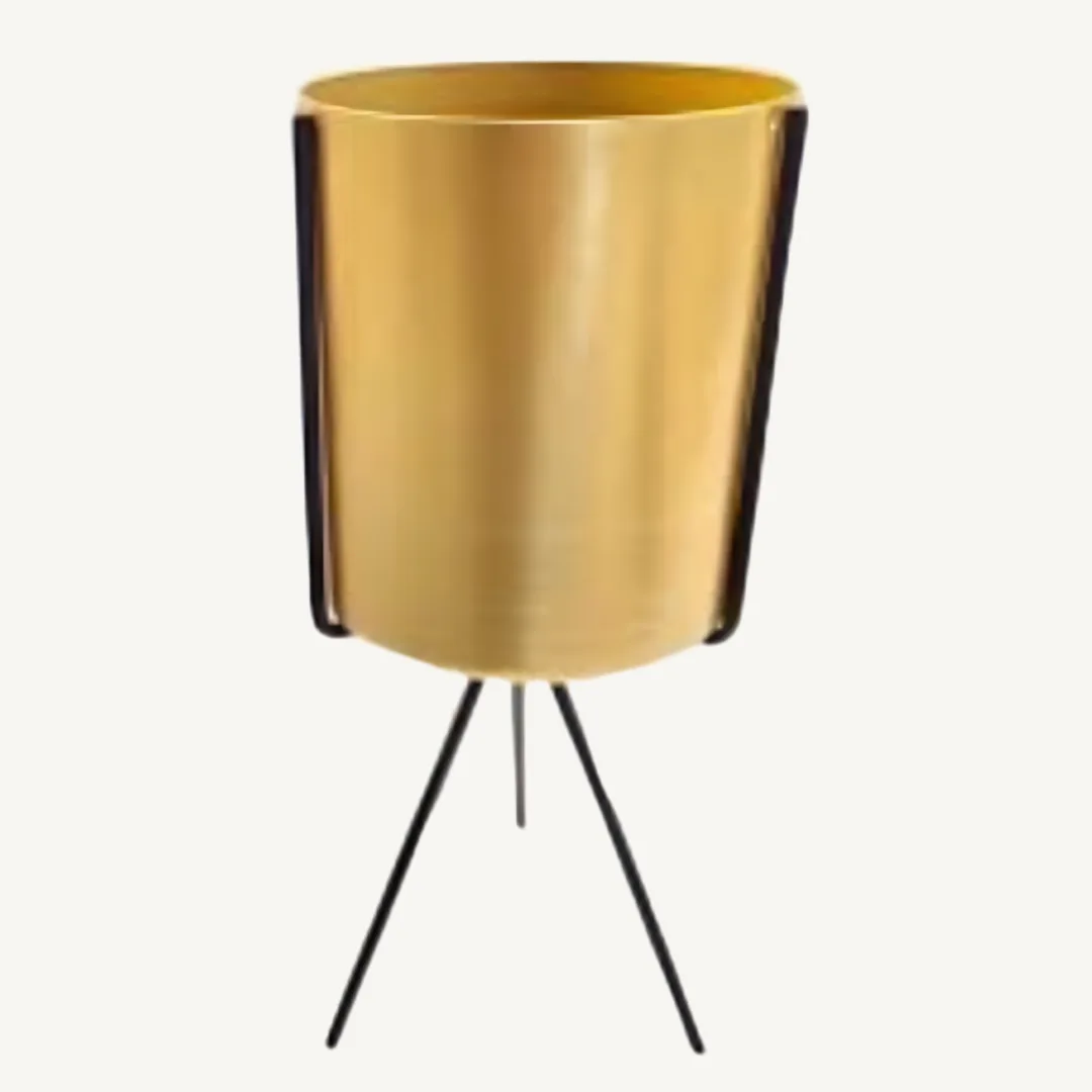 Gold metal plant pot with black tripod, 11 x 28 cm, large