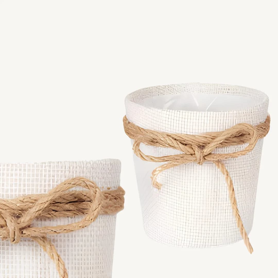 White fabric plant pot with bow, 10 x 10 cm