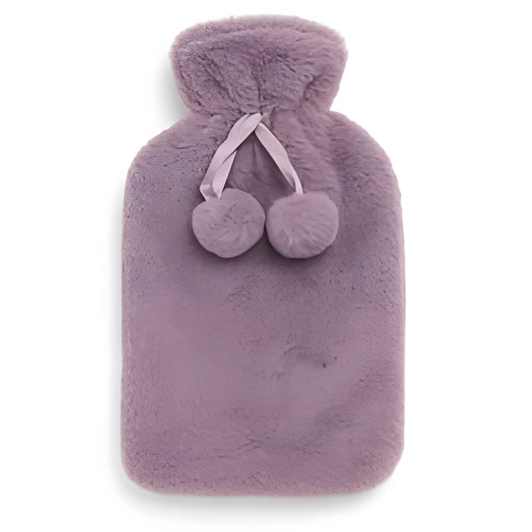 Hot water bottle with fur and pom-poms, dusty pink
