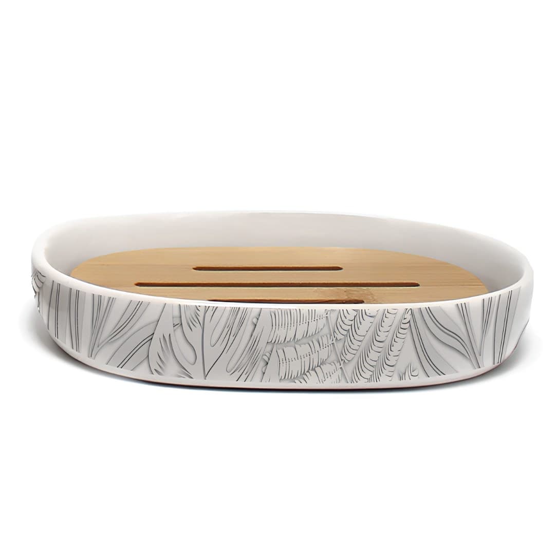 Printed ceramic and bamboo soap dish, 12.3 x 8.3 x 2.3 cm