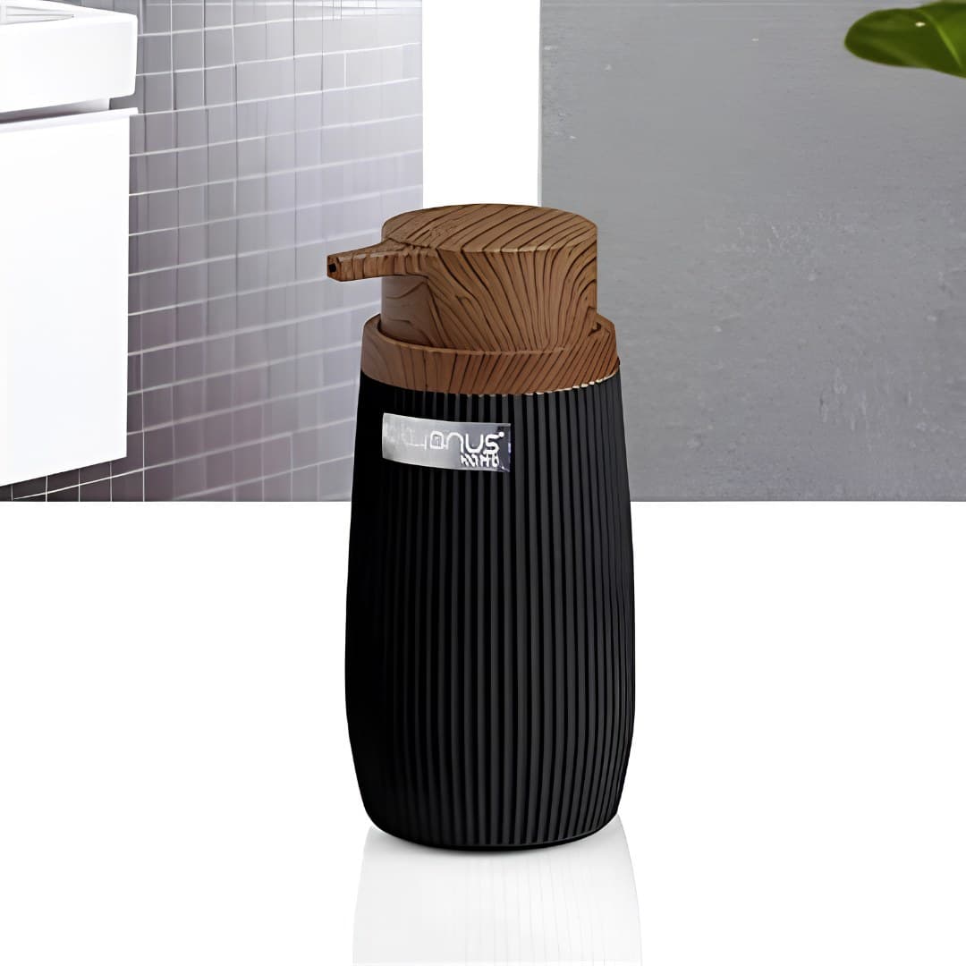 Liquid soap dispenser, black and wood