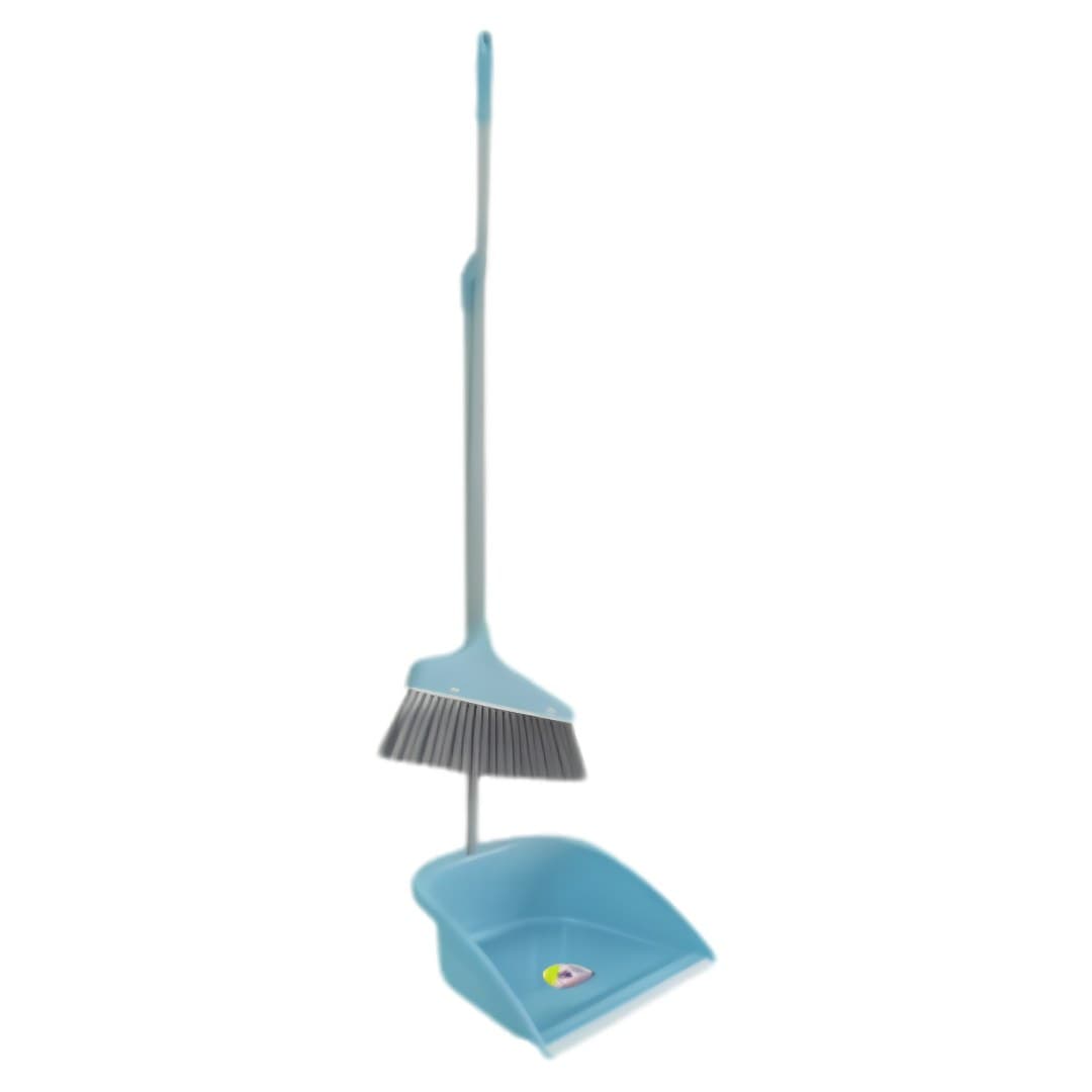 Blue and grey broom and dustpan with handle
