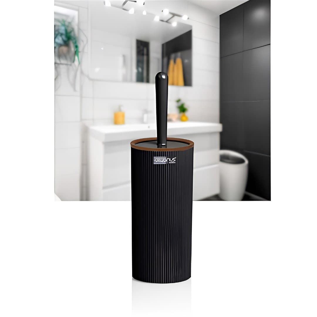 Toilet brush with holder, black and wood