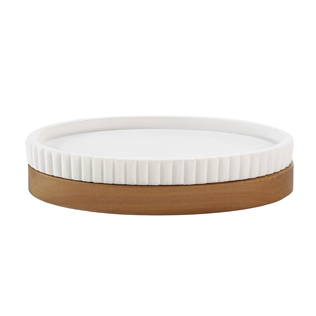White resin and acacia soap dish, smooth, 14 x 9.5 x 2.8 cm