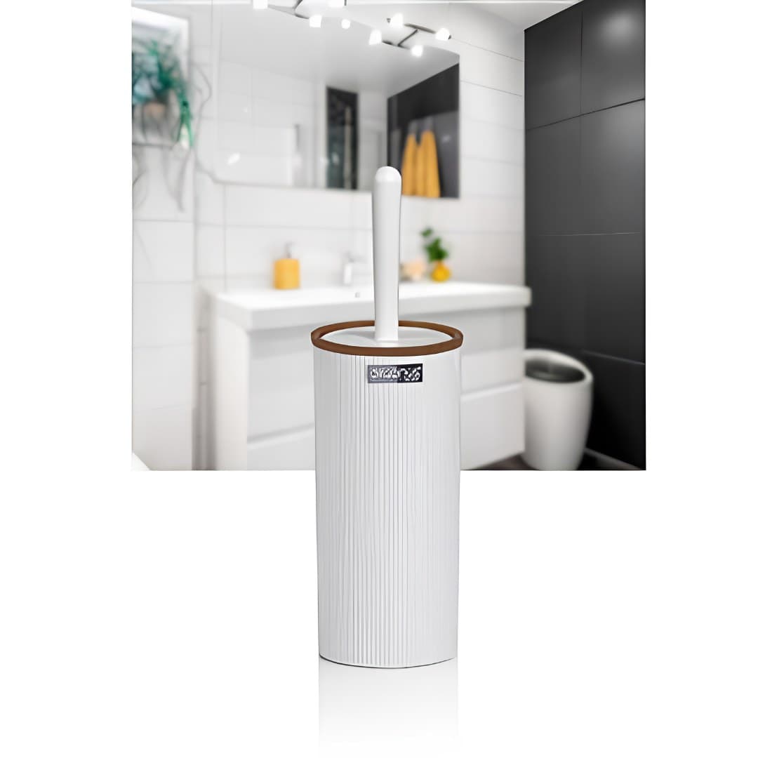 Toilet brush with holder, white and wood