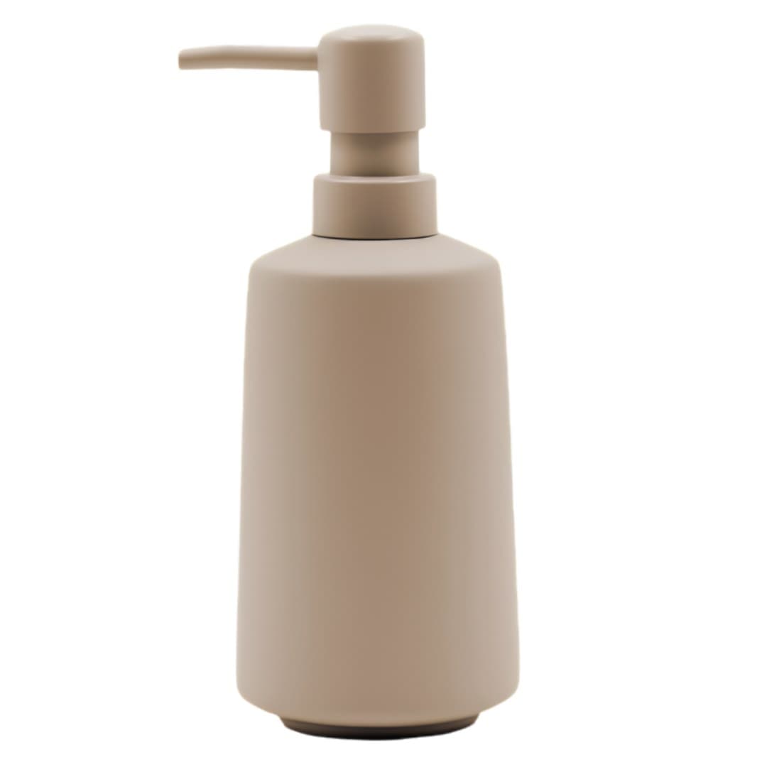 Taupe Ceralia ceramic soap dispenser, smooth, soft touch, 7.5 x 19 cm