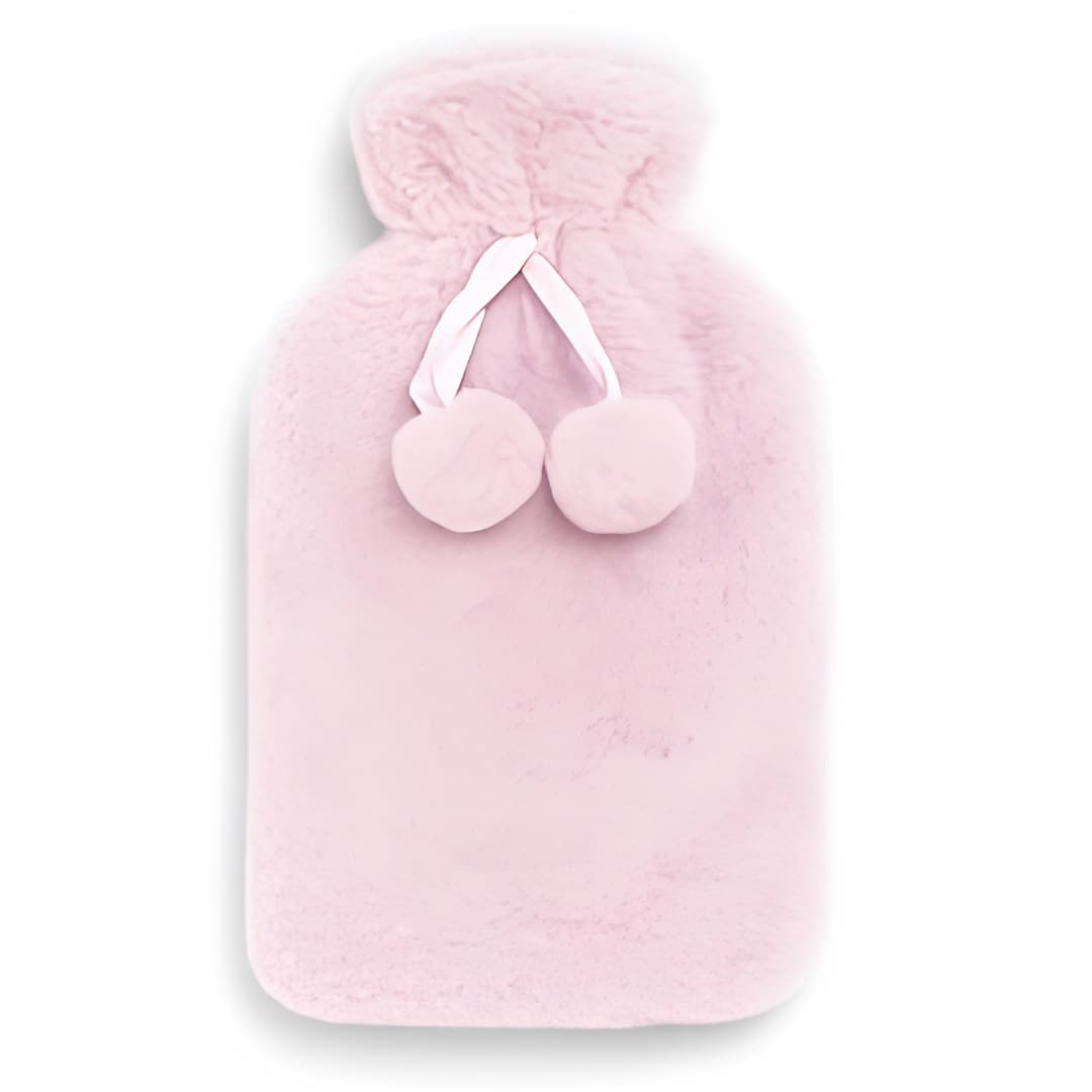 Hot water bottle with fur cover, light pink, with pom-poms