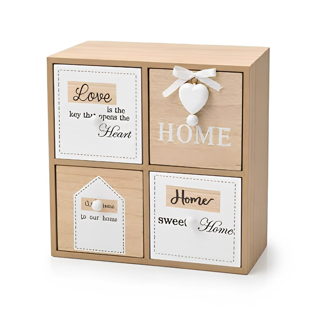 Decorative box with 4 drawers, wood and white, 22 x 22 x 9.7 cm